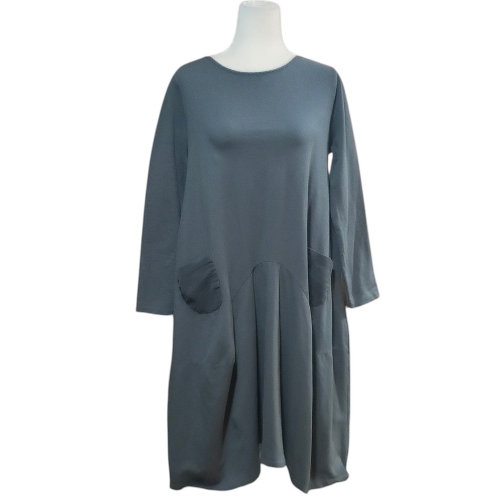 Baci Gray Cotton Jersey Lagenlook Dress Long Sleeve Midi Pocket Made in Italy L‎